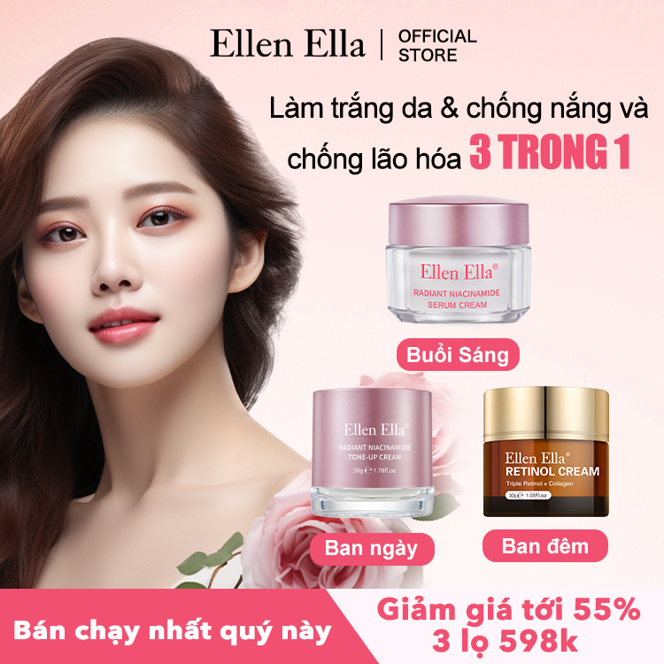 Sử dụng an tâm cho da nhạy cảm!! Ellen Ella Trắng da & Chống lão hóa 2 trong 1 - Xóa tan làn da tối màu và lão hóa - Serum Niacinamide & Retinol & Kem Tone Up - Làm sáng vết thâm, chống nếp nhăn, làm trắng tức thì.