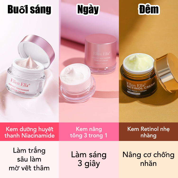 Sử dụng an tâm cho da nhạy cảm!! Ellen Ella Trắng da & Chống lão hóa 2 trong 1 - Xóa tan làn da tối màu và lão hóa - Serum Niacinamide & Retinol & Kem Tone Up - Làm sáng vết thâm, chống nếp nhăn, làm trắng tức thì.