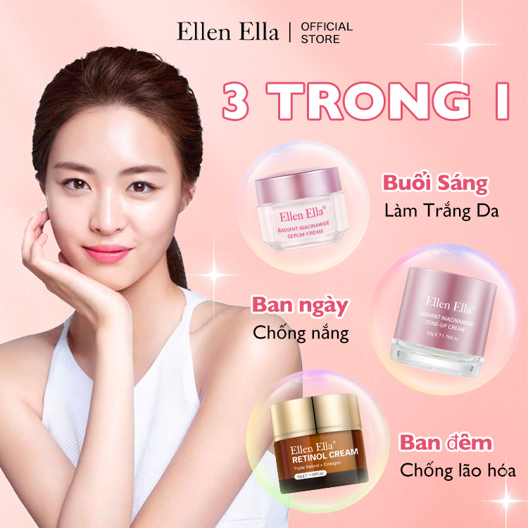 Bán chạy nhất quý này - Ellen Ella Trắng da & Chống lão hóa 3 trong 1 - Xóa tan làn da tối màu và lão hóa - Sử dụng an tâm cho da nhạy cảm - Serum Niacinamide & Retinol & Kem Tone Up - Làm sáng vết thâm, chống nếp nhăn, làm trắng tức thì.