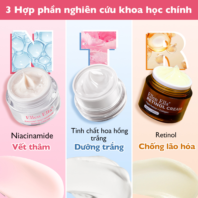 Bán chạy nhất quý này - Ellen Ella Trắng da & Chống lão hóa 3 trong 1 - Xóa tan làn da tối màu và lão hóa - Sử dụng an tâm cho da nhạy cảm - Serum Niacinamide & Retinol & Kem Tone Up - Làm sáng vết thâm, chống nếp nhăn, làm trắng tức thì.