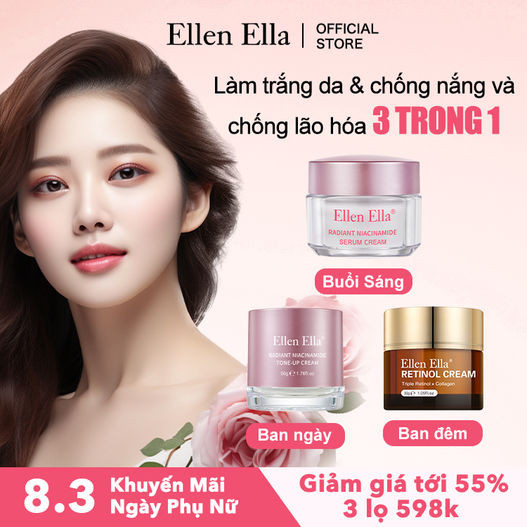 Bán chạy nhất quý này - Ellen Ella Trắng da & Chống lão hóa 3 trong 1 - Xóa tan làn da tối màu và lão hóa - Sử dụng an tâm cho da nhạy cảm - Serum Niacinamide & Retinol & Kem Tone Up - Làm sáng vết thâm, chống nếp nhăn, làm trắng tức thì.